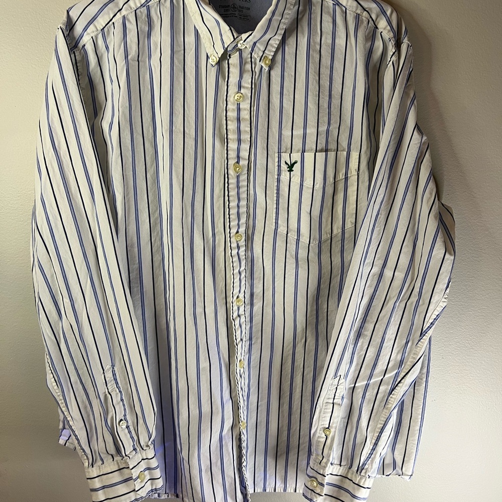 American Eagle Outfitters Mens‎ White W Blue Striped Long Sleeve Button Down XL